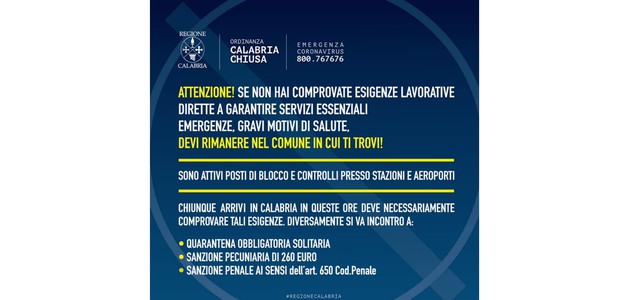 Coronavirus, Ordinanza Calabria chiusa: avvertimenti Santelli
