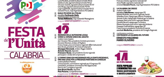Pd, l'11 inizia la festa regionale dell'Unità a Rogliano