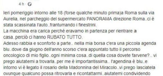 Rubano l’agenda con le cure del figlio malato di tumore, una mamma di Pizzo: “Aiutatemi a trovarla"