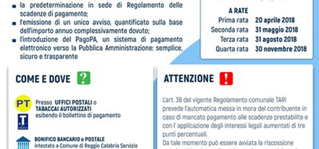 TARI anno 2018, nuove modalità di pagamento per agevolare il cittadino