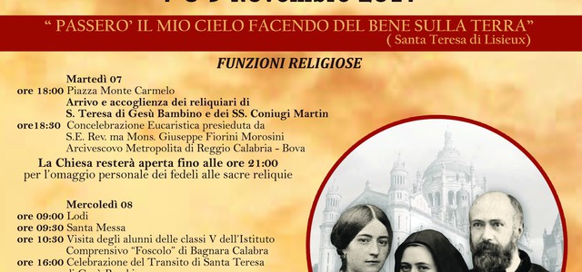Le reliquie di Santa Teresa di Lisieux e dei suoi genitori, i Santi Coniugi Martin a Bagnara 