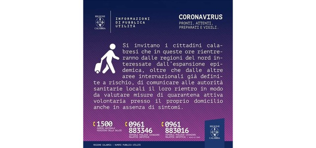 Coronavirus, Regione Calabria: “Chi torna dal nord lo comunichi alle autorità sanitarie”