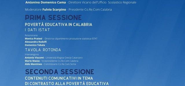 Mercoledì 19 aprile la Giornata della Povertà educativa organizzata dal Corecom Calabria. Ecco il programma dell’evento che si svolgerà a Reggio Calabria, nella sede del Consiglio regionale