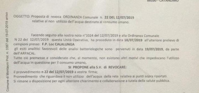 L'acqua di Calalunga è potabile - l'Asp chiede la revoca della precedente ordinanza comunale
