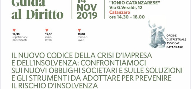 Nuovo codice della crisi d'impresa - domani la giornata di approfondimento presso la sede del Consorzio di Bonifica Ionio Catanzarese