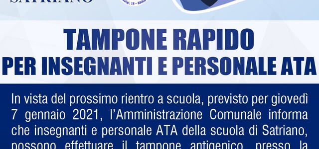 SCREENING COVID-19 A SATRIANO, LUNEDI TAMPONI GRATUITI PER DOCENTI E PERSONALE ATA