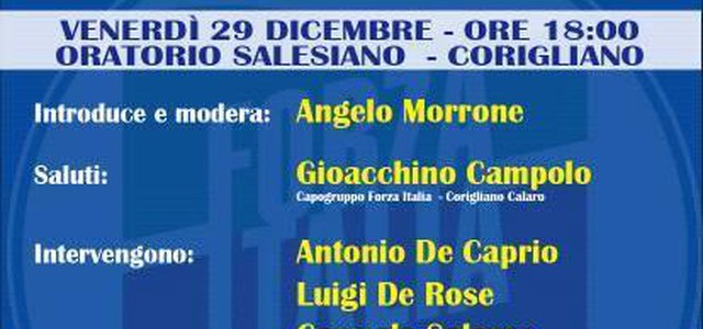 Corigliano, il 29 dicembre l’iniziativa “Forza Italia sul Territorio”   