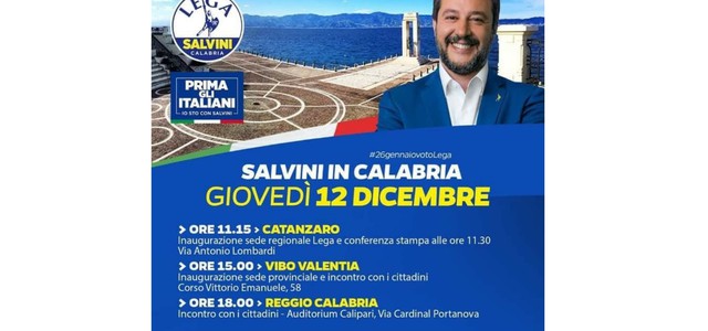 Domani Matteo Salvini a Catanzaro, Vibo Valentia e Reggio Calabria