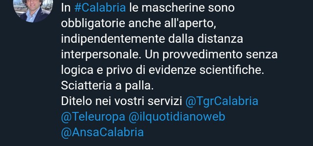 Aiello su nuova ordinanza: "Un provvedimento senza logica e privo di evidenze scientifiche"