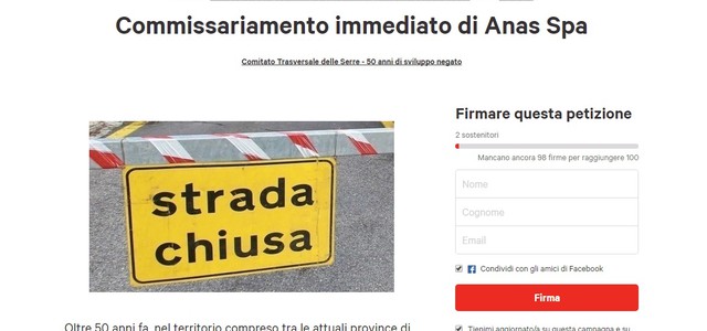 Commissariare l'Anas, sul web la petizione del Comitato Trasversale delle Serre
