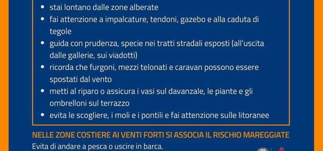 Venti di burrasca in arrivo, i consigli della Protezione Civile