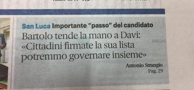 Colpo di scena a San Luca, il  "rivale" Bartolo tende la mano a Klaus Davi che dichiara: " San Luca dà una lezione di Fair Play alla politica nazionale"