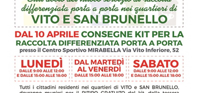Nuovo servizio di raccolta differenziata porta a porta arriva nei quartieri di Vito e San Brunello