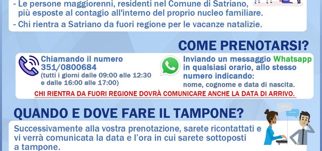 Satriano, tamponi gratuiti in vista delle vacanze natalizie