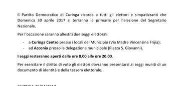Curinga - Domani Primarie del PD Seggi aperti a Curinga ed Acconia dalle 8.00 alle 20.00
