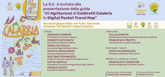 Terranostra - Coldiretti: domani giovedì 30 giugno p.v. ore 11.00 alla Cittadella Regionale presentazione gida agriturismi calabresi in versione digitale